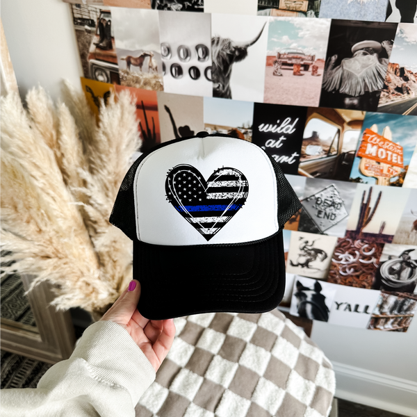 Blue Line Heart Trucker Hat