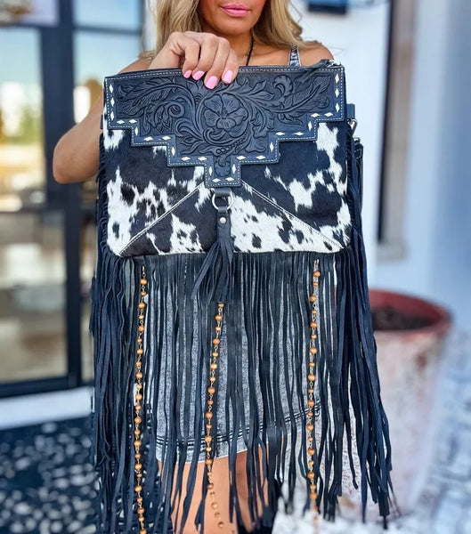 the DIXIE Leather & Fringe Crossbody Purse (Black/White)